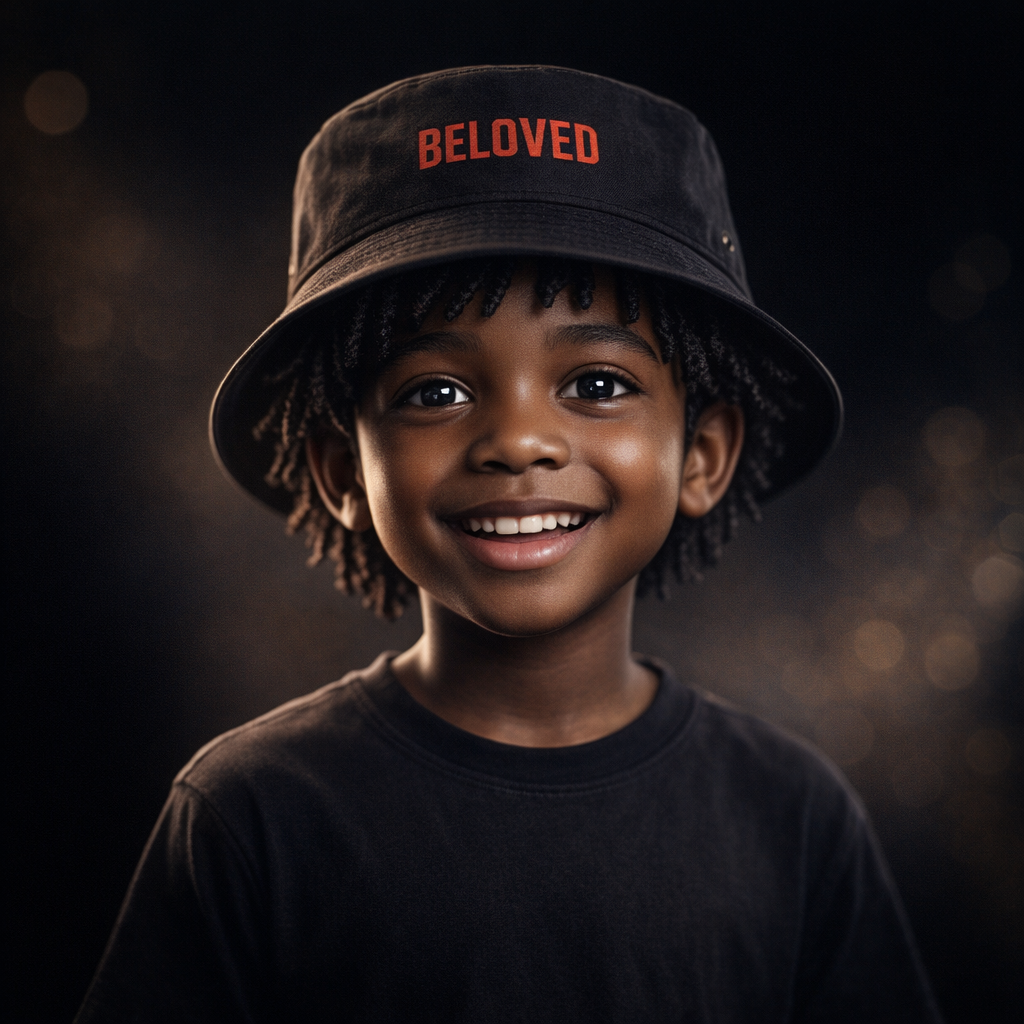 Beloved Embroidered Bucket Hat — Red Script Accent