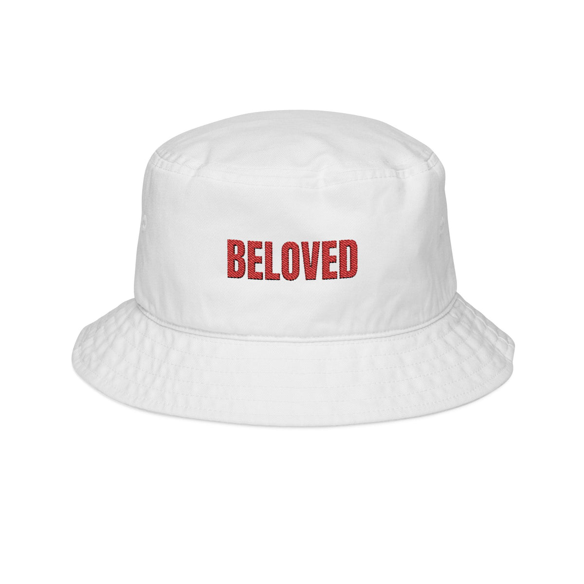 Beloved Embroidered Bucket Hat — Red Script Accent