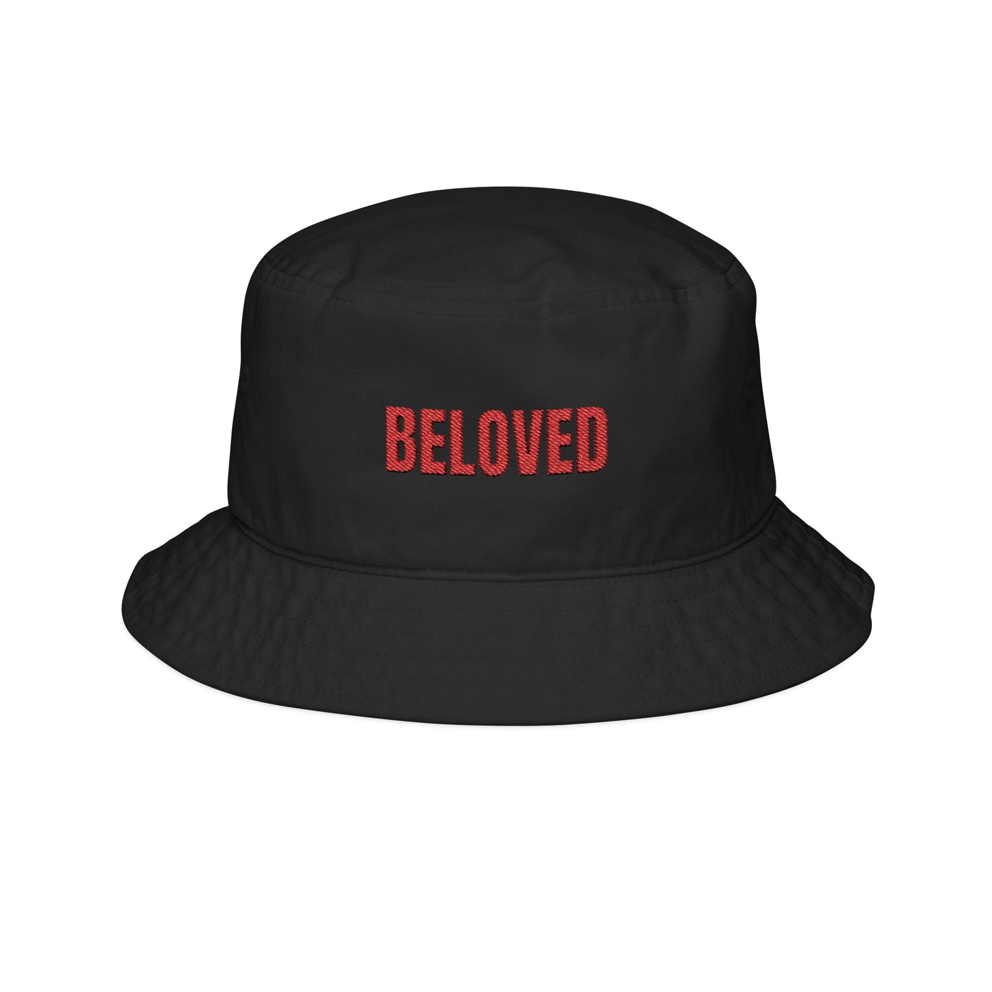 Beloved Embroidered Bucket Hat — Red Script Accent