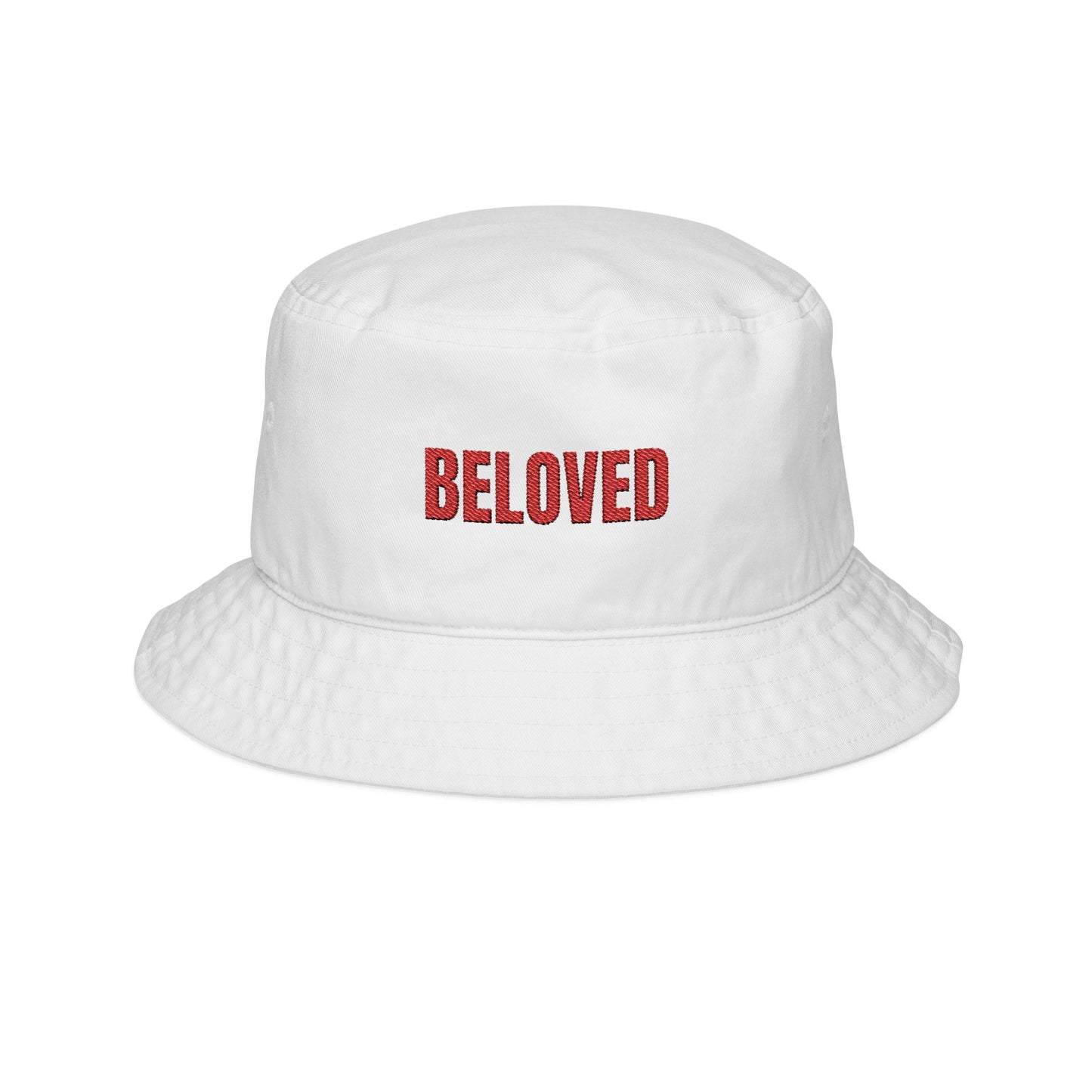 Beloved Embroidered Bucket Hat — Red Script Accent
